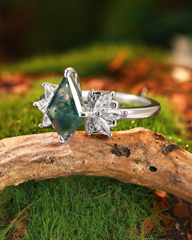 KALEA  Wind Fairy Kite Cut Moss Agate Cluster Leafy Engagement Ring