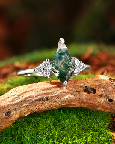 KIT Non-traditional Kite Cut Moss Agate Cluster Engagement Ring