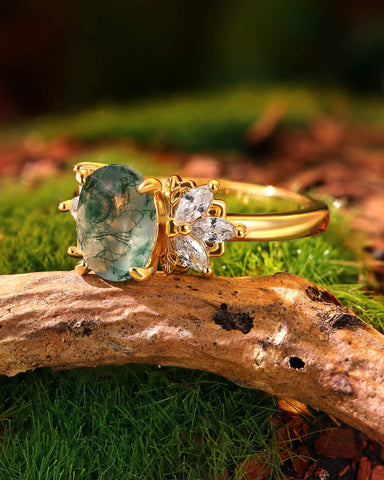 OLEA Oval Cut Moss Agate Cluster Leafy Engagement Ring