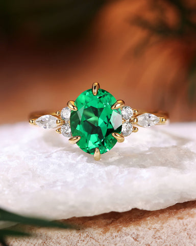 JORA Side Stone Cluster Oval Cut Emerald Engagement Ring