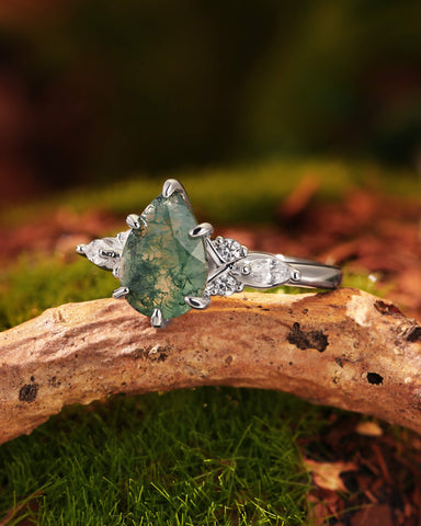 YUNA Unique Three Stone Pear Cut Moss Agate Twist Engagement Ring