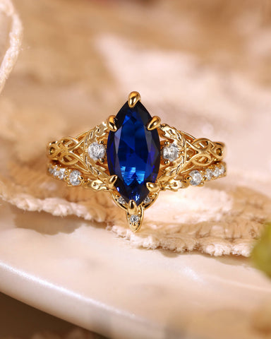 LUCILLE Marquise Cut Blue Sapphire Leaf & Knot Love Bridal Set 2pcs