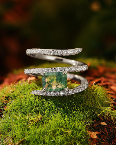 FERNELLE Natural Moss Agate Emerald Cut Three Layer Surround Engagement Ring