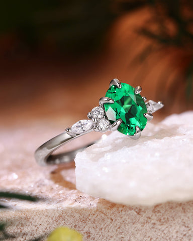JORA Side Stone Cluster Oval Cut Emerald Engagement Ring
