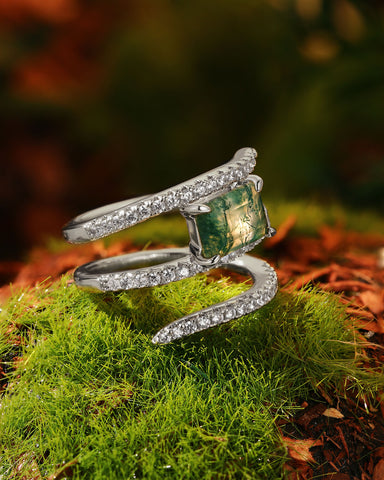 FERNELLE Natural Moss Agate Emerald Cut Three Layer Surround Engagement Ring