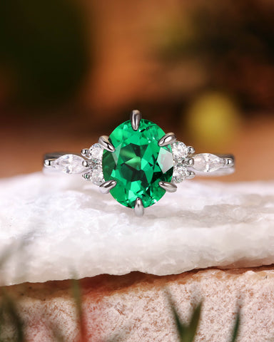 JORA Side Stone Cluster Oval Cut Emerald Engagement Ring