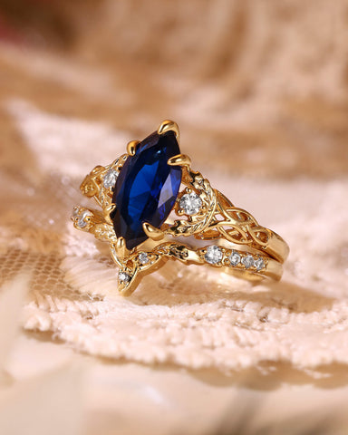 LUCILLE Marquise Cut Blue Sapphire Leaf & Knot Love Bridal Set 2pcs