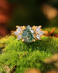 BRYNN Pear Cut Moss Agate Cluster Leafy Engagement Ring