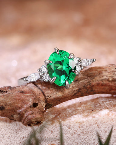 JORA Side Stone Cluster Oval Cut Emerald Engagement Ring