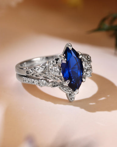 LUCILLE Marquise Cut Blue Sapphire Leaf & Knot Love Bridal Set 2pcs