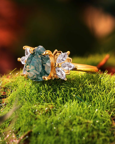 BRYNN Pear Cut Moss Agate Cluster Leafy Engagement Ring