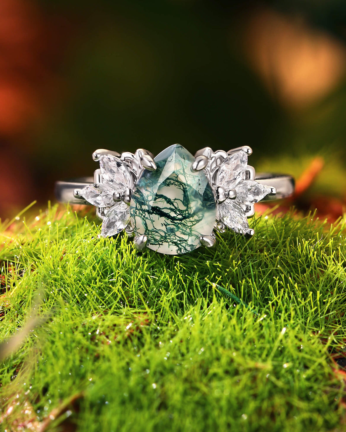 BRYNN Pear Cut Moss Agate Cluster Leafy Engagement Ring