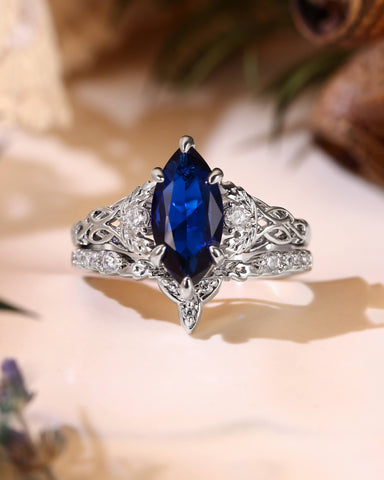 LUCILLE Marquise Cut Blue Sapphire Leaf & Knot Love Bridal Set 2pcs