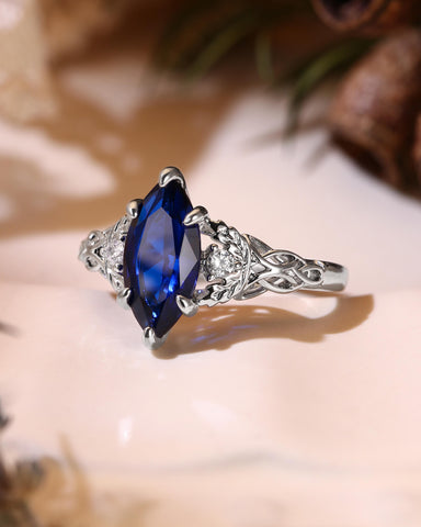 LUCILLE Marquise Cut Blue Sapphire Leaf & Knot Love Engagement Ring