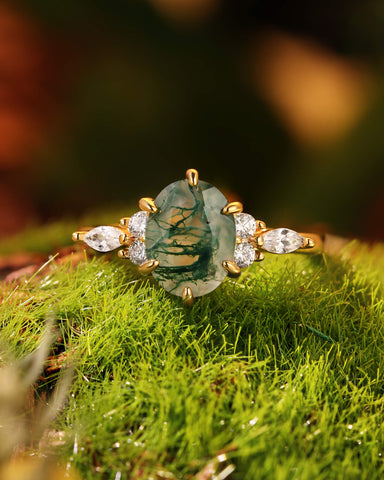 YSOLDE Nature Inspired Oval Cut Moss Agate Classic Engagement Ring