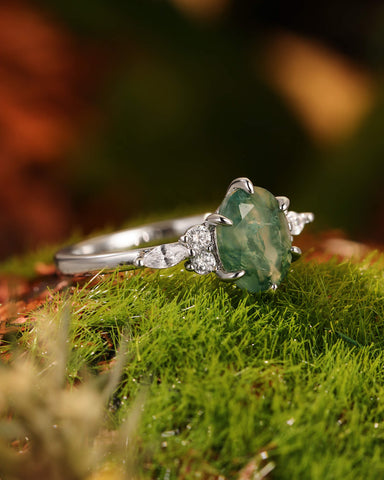 YSOLDE Nature Inspired Oval Cut Moss Agate Classic Engagement Ring