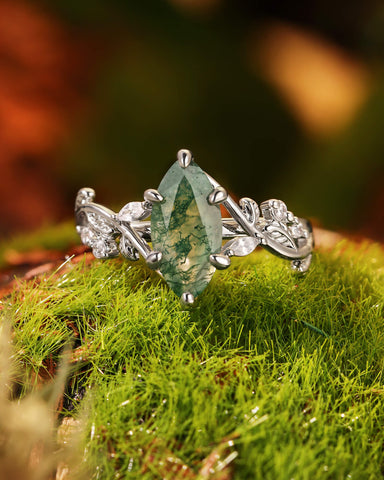 MARCELLA Nature Inspired Marquise Moss Agate Leafy Twist Engagement Ring