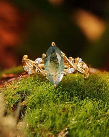 MARCELLA Nature Inspired Marquise Moss Agate Leafy Twist Engagement Ring