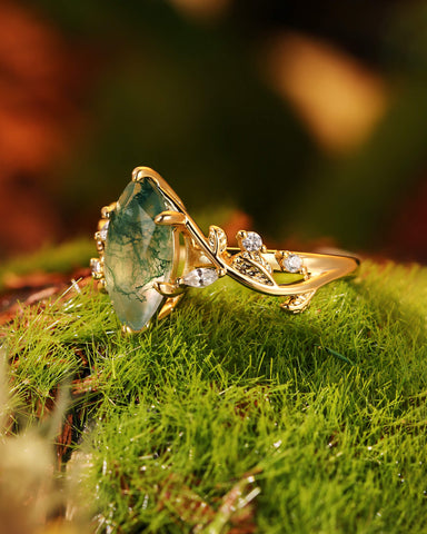 MARCELLA Nature Inspired Marquise Moss Agate Leafy Twist Engagement Ring