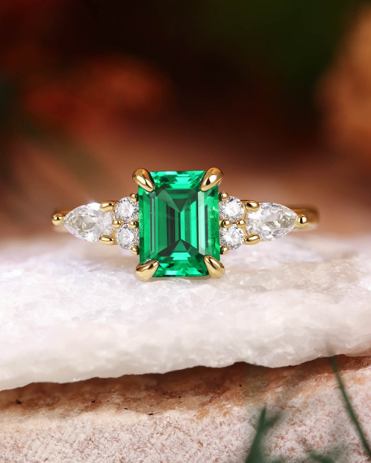 SULLY Vintage Side Stone Emerald Engagement Ring