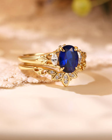 LILIOSA Oval Cut Sapphire Three Stone Lotus Inspired Engagement Ring Set 2pcs