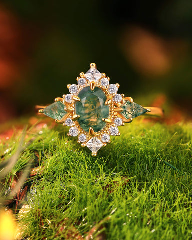 KISMET Moss Agate Oval & Kite Cut Cluster Vintage Engagement Ring