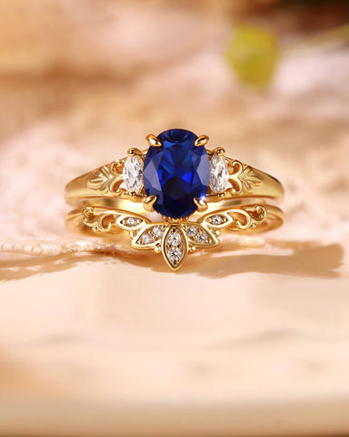 LILIOSA Oval Cut Sapphire Three Stone Lotus Inspired Engagement Ring Set 2pcs