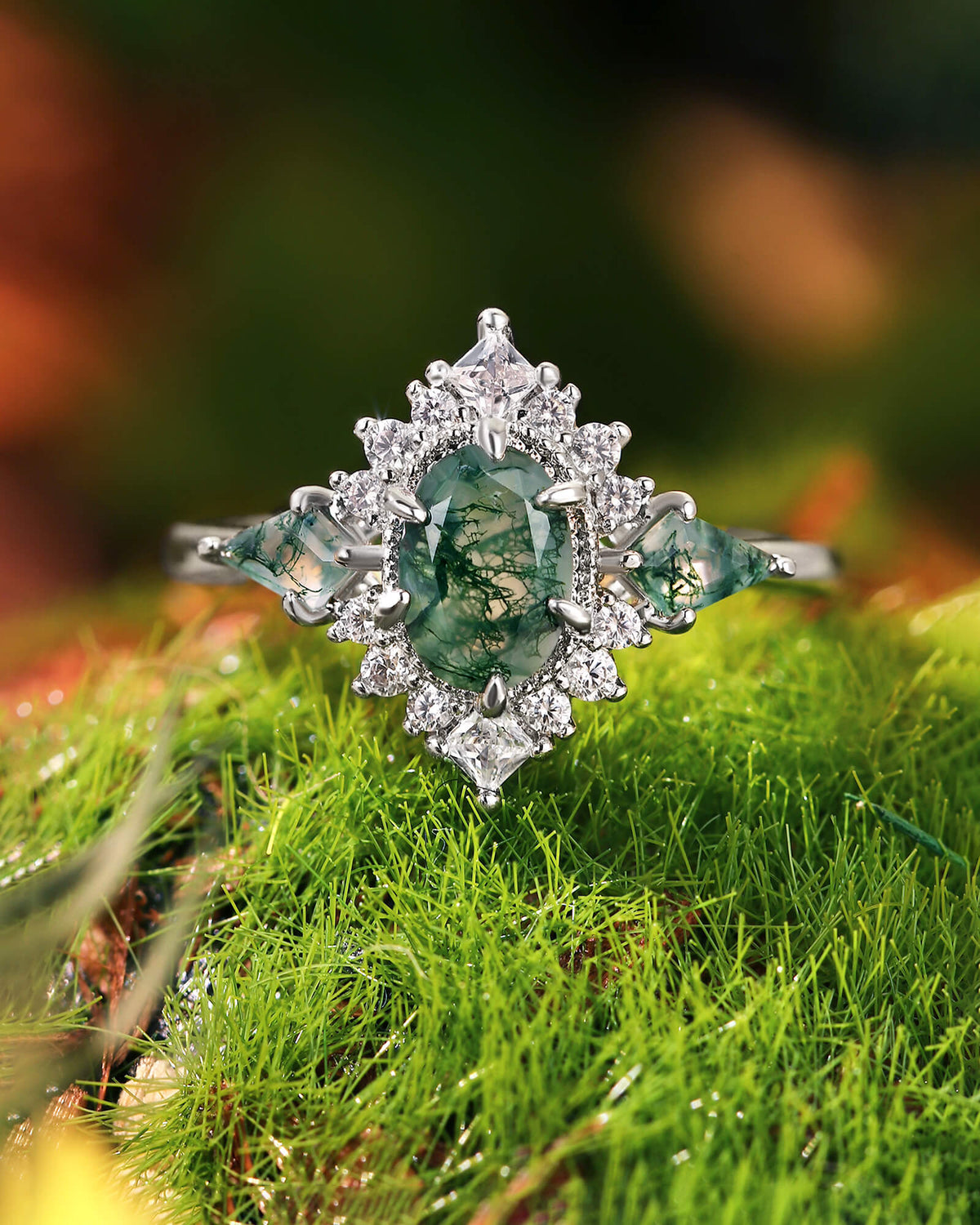 KISMET Moss Agate Oval & Kite Cut Cluster Vintage Engagement Ring