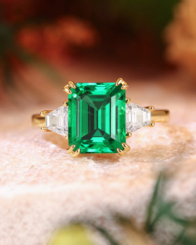ABELLA Vintage Three Stone Emerald Engagement Ring