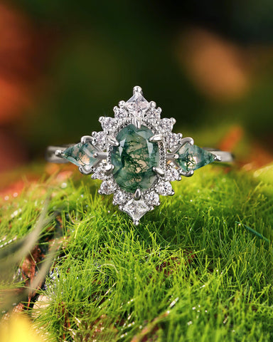KISMET Moss Agate Oval & Kite Cut Cluster Vintage Engagement Ring