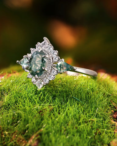 KISMET Moss Agate Oval & Kite Cut Cluster Vintage Engagement Ring