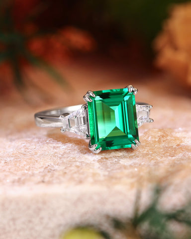ABELLA Vintage Three Stone Emerald Engagement Ring