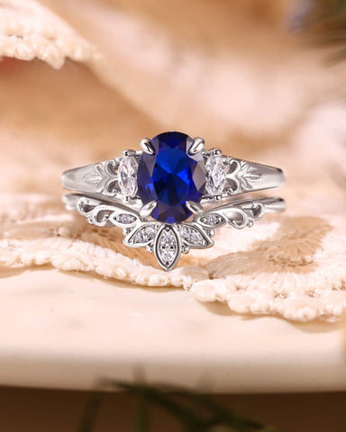 LILIOSA Oval Cut Sapphire Three Stone Lotus Inspired Engagement Ring Set 2pcs