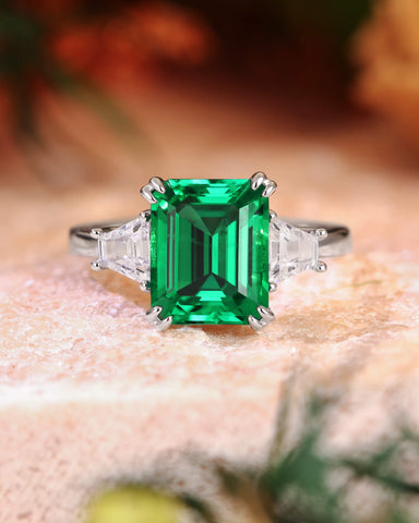 ABELLA Vintage Three Stone Emerald Engagement Ring