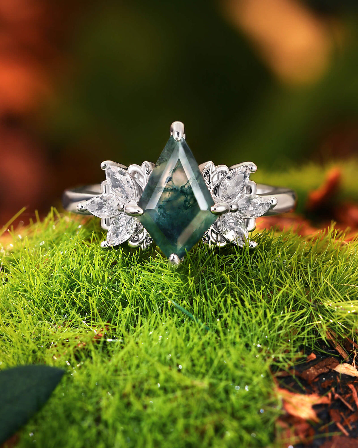 KALEA  Wind Fairy Kite Cut Moss Agate Cluster Leafy Engagement Ring