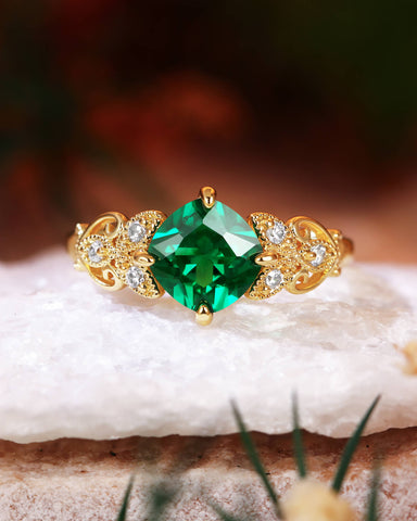 ROYAL Nature Inspired Cushion Cut Emerald Leaf Engagement Ring