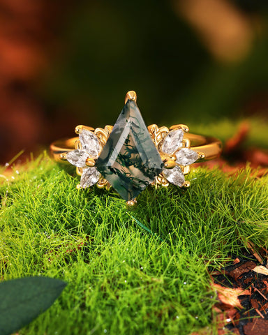 KALEA  Wind Fairy Kite Cut Moss Agate Cluster Leafy Engagement Ring