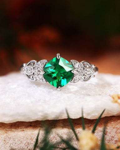 ROYAL Nature Inspired Cushion Cut Emerald Leaf Engagement Ring