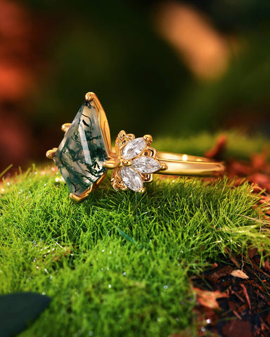 KALEA  Wind Fairy Kite Cut Moss Agate Cluster Leafy Engagement Ring
