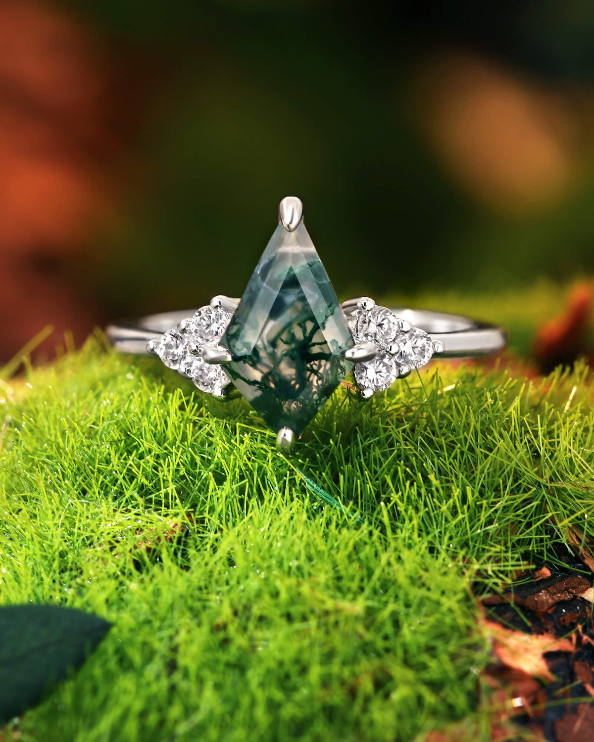 KIT Non-traditional Kite Cut Moss Agate Cluster Engagement Ring