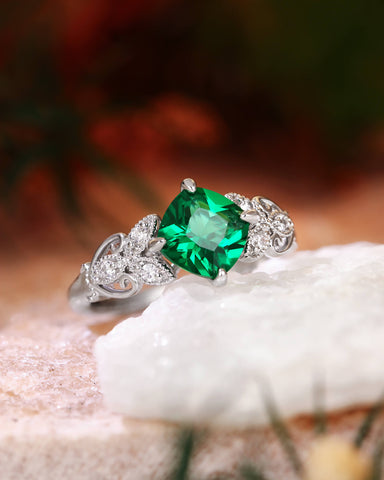 ROYAL Nature Inspired Cushion Cut Emerald Leaf Engagement Ring