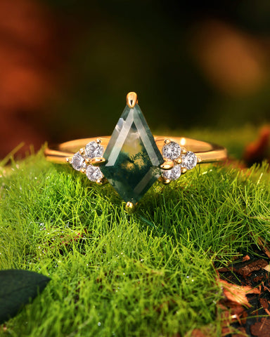 KIT Non-traditional Kite Cut Moss Agate Cluster Engagement Ring