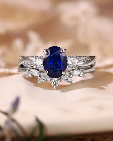 CYNTHIA Twisted Oval Cut Sapphire Cluster Bridal Set 2pcs