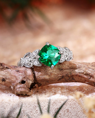 ROYAL Nature Inspired Cushion Cut Emerald Leaf Engagement Ring
