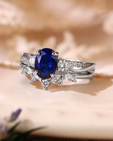 CYNTHIA Twisted Oval Cut Sapphire Cluster Bridal Set 2pcs
