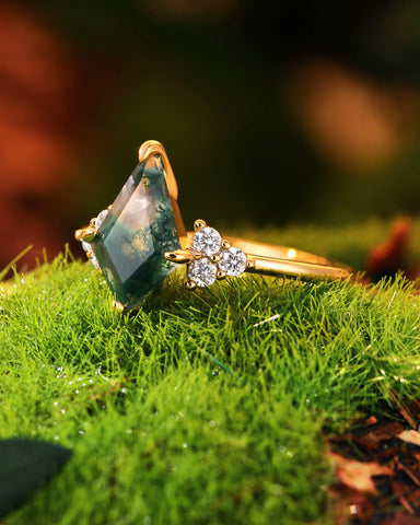 KIT Non-traditional Kite Cut Moss Agate Cluster Engagement Ring