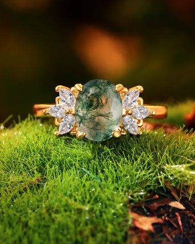 OLEA Oval Cut Moss Agate Cluster Leafy Engagement Ring