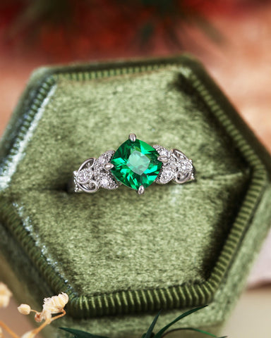 ROYAL Nature Inspired Cushion Cut Emerald Leaf Engagement Ring