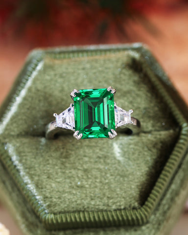 ABELLA Vintage Three Stone Emerald Engagement Ring