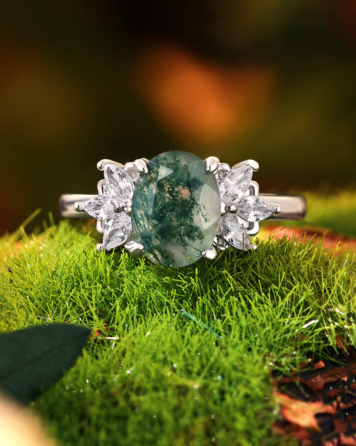 OLEA Oval Cut Moss Agate Cluster Leafy Engagement Ring